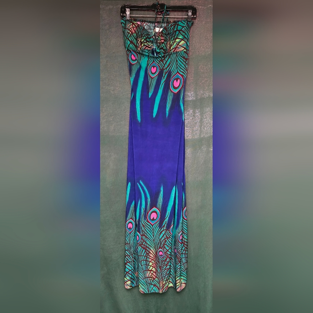 Elegant Blue and Green Peacock Print Dress